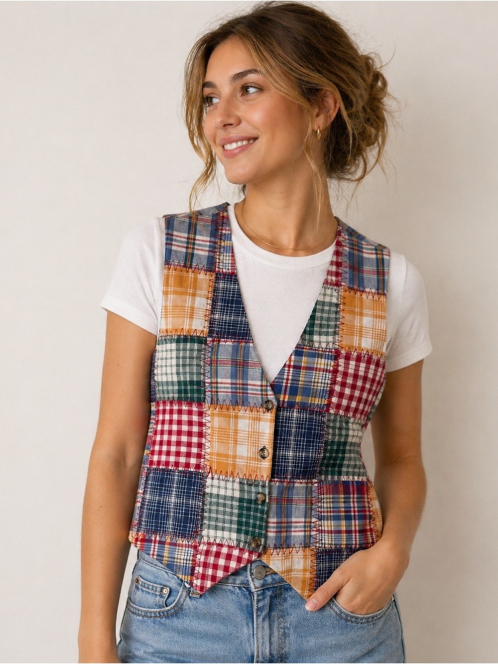 Vintage 1990s Victoria Jones Patchwork Cotton Vest Petite L Peasant Boho